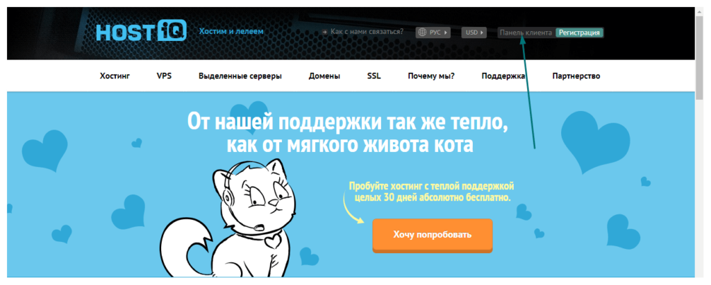 Вход в панель клиента на сайте HOSTIQ.UA