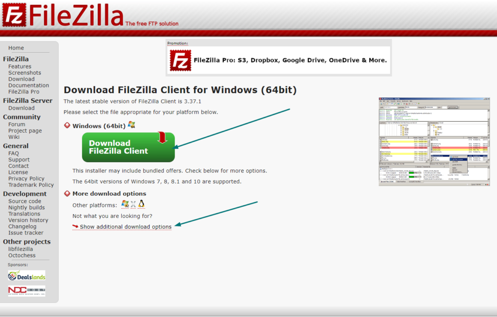 Выбор версии для скачивания FileZilla