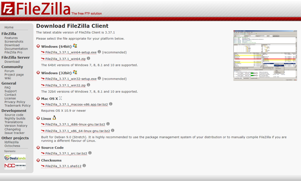Выбор версии FileZilla для скачивания
